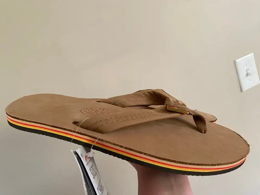 NWT Rainbow Mens Single Layer Premier Leather Sandals Tan/Red Orange Yellow L